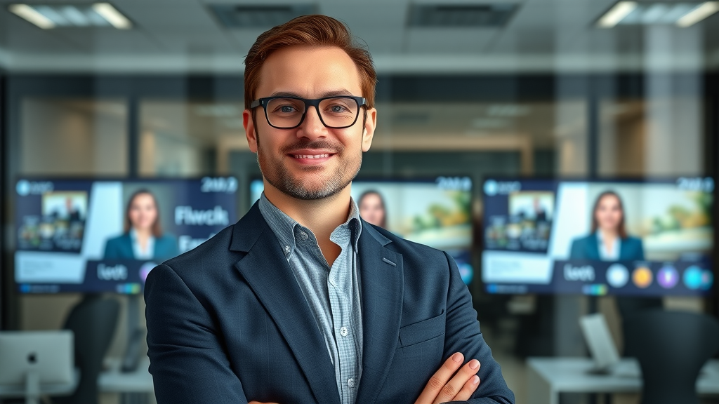 Talk Fusion founder Bob Reina in front of branding and video email screens
