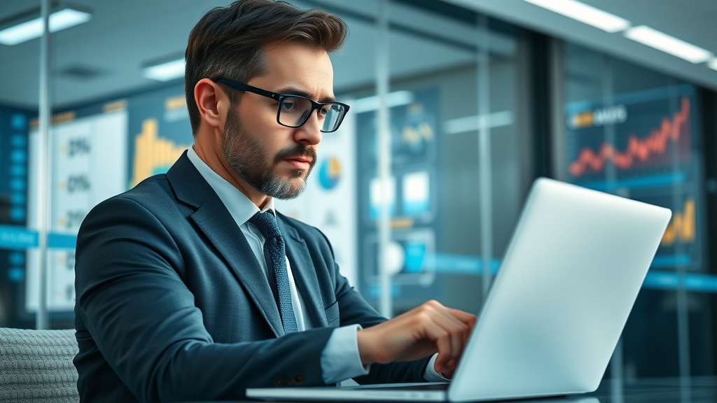 talk fusion reviews, thoughtful business professional analyzing video email reviews in a modern office setting