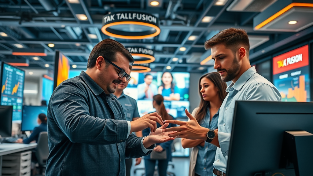 video email tech company headquarters, collaborative employees using digital screens with branded Talk Fusion elements
