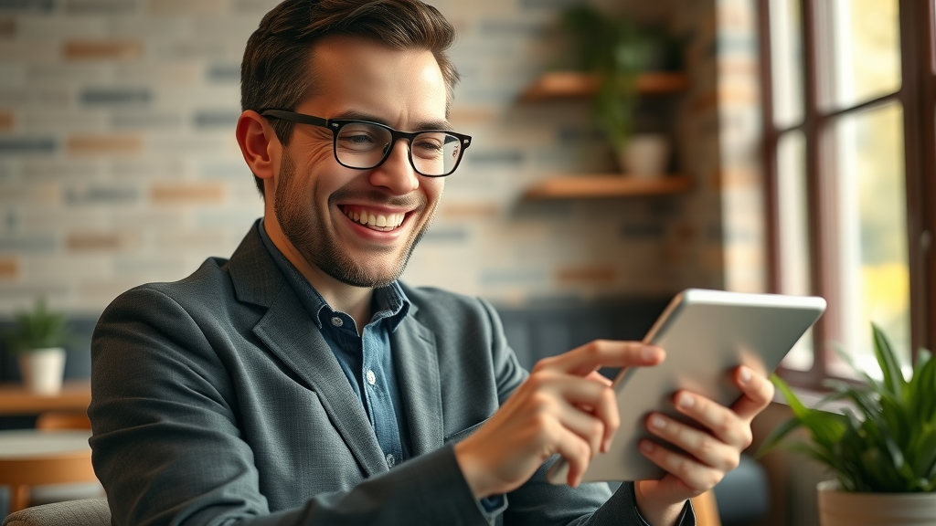 happy small business owner using Talk Fusion video email on a tablet in a cozy cafe setting