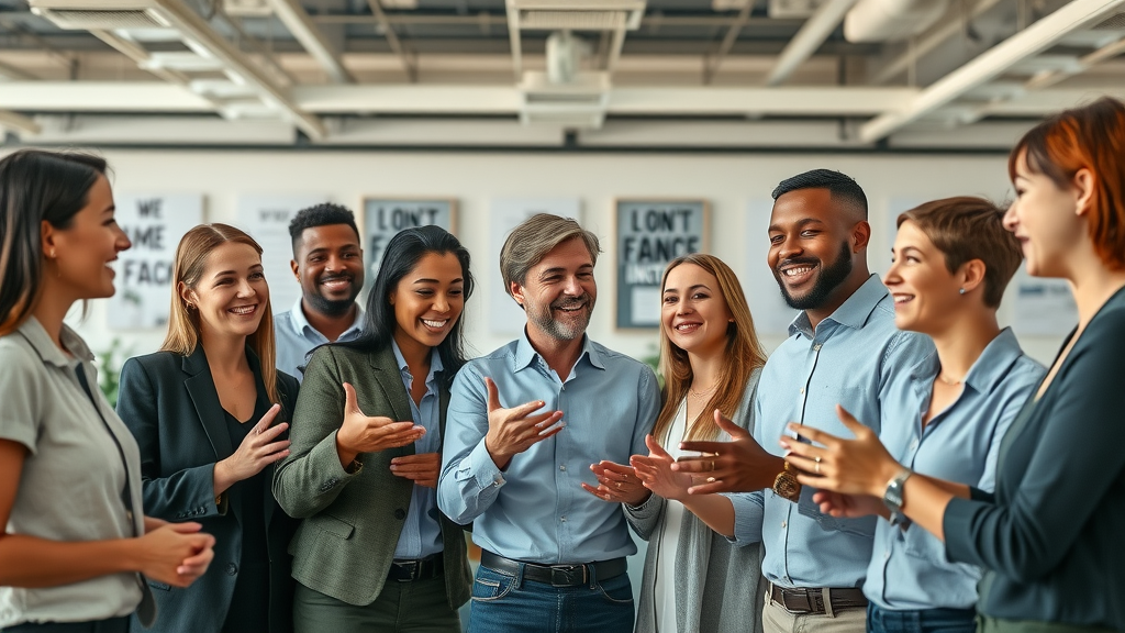 talk fusion work environment: diverse employees collaborating in a modern office, positive team dynamics