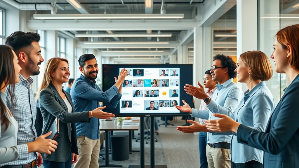 Talk Fusion features: Diverse professionals using video emails in a vibrant, open-plan office workspace