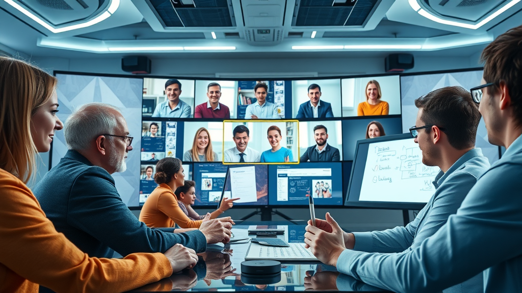 Talk Fusion live meetings with diverse virtual participants, shared screens, and whiteboard tools in a high-tech virtual conference room