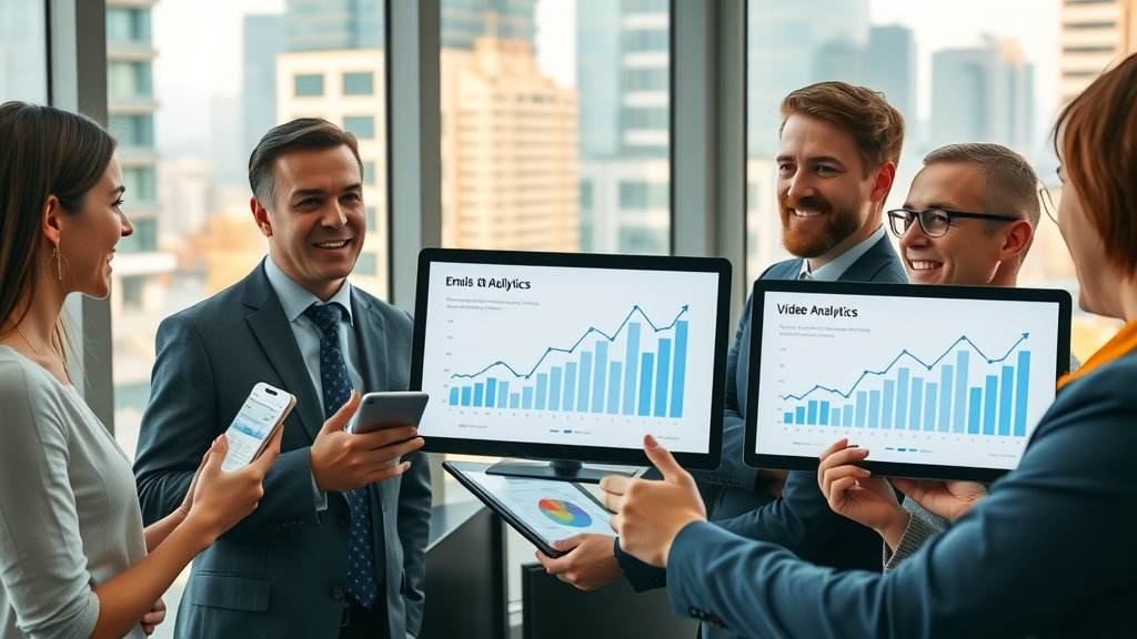 Business team celebrating video email analytics and growth with Talk Fusion features