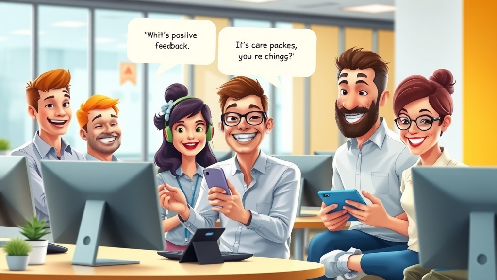 Happy professionals sharing talk fusion features reviews in a cartoon office