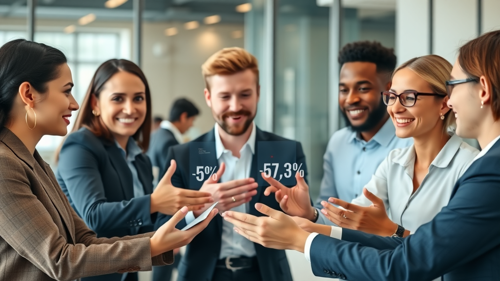 vibrant business team reviewing Talk Fusion pricing statistics in a modern office