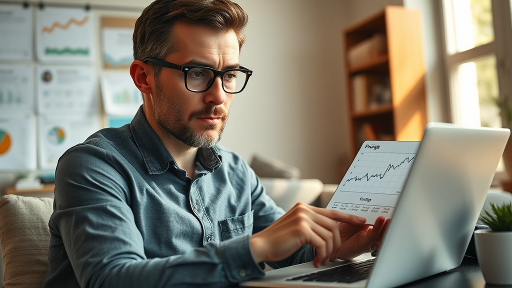 entrepreneur analyzing Talk Fusion pricing options on a laptop with pricing charts and a cup of coffee