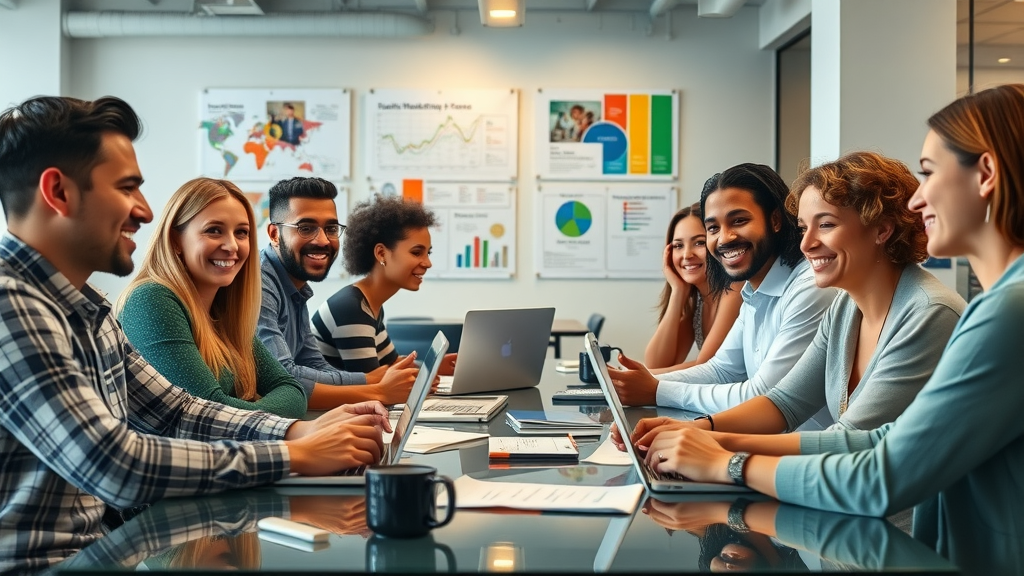 diverse marketing team strategizing team-building using Talk Fusion pricing tiers in a modern workspace