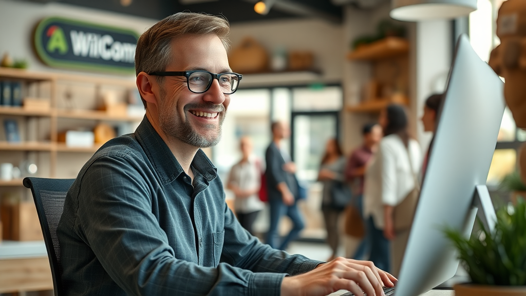 happy small business owner using Talk Fusion video emails in a branded retail environment