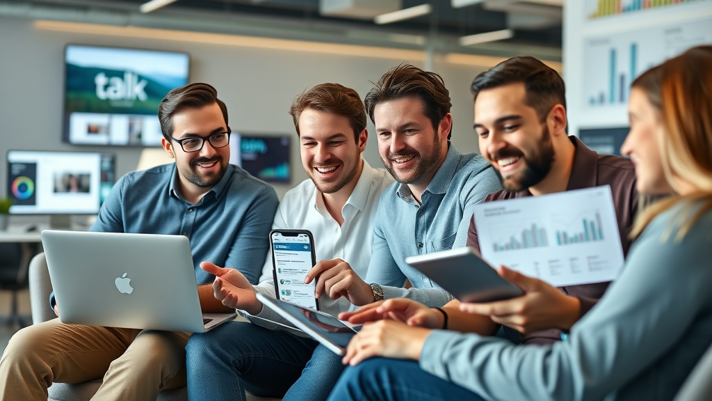 dynamic team of marketers viewing video emails, talk fusion video email, modern office, digital screens, infographic data charts