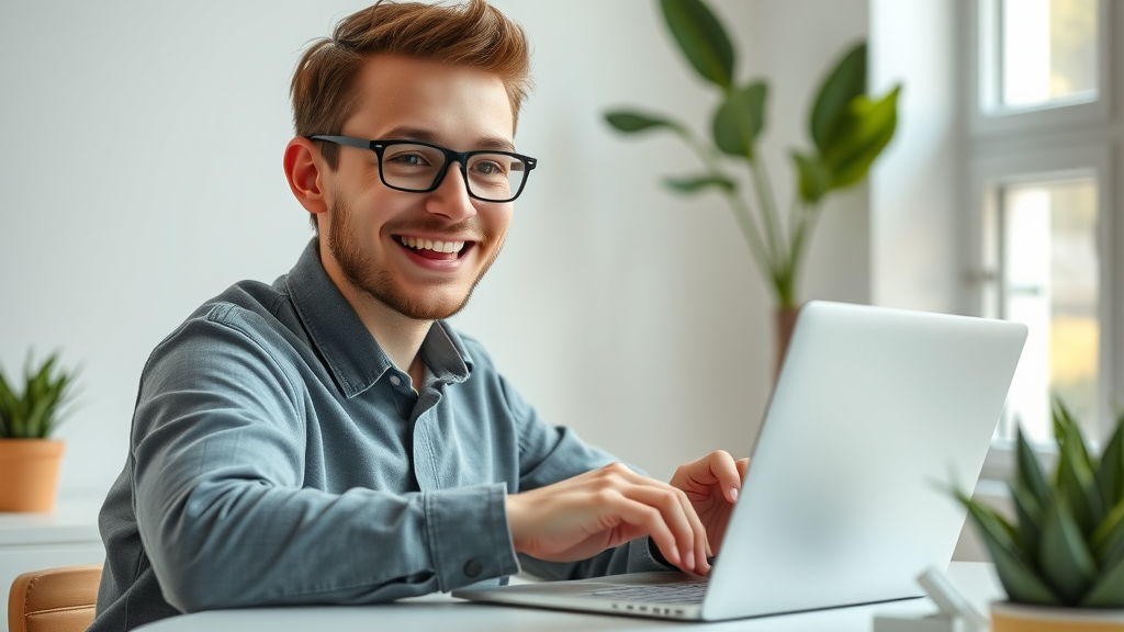 cheerful new user signing up for Talk Fusion video email, minimalist workspace, soft light