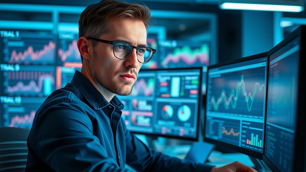 data-driven marketer reviewing Talk Fusion video email analytics, high-tech office, real-time updates