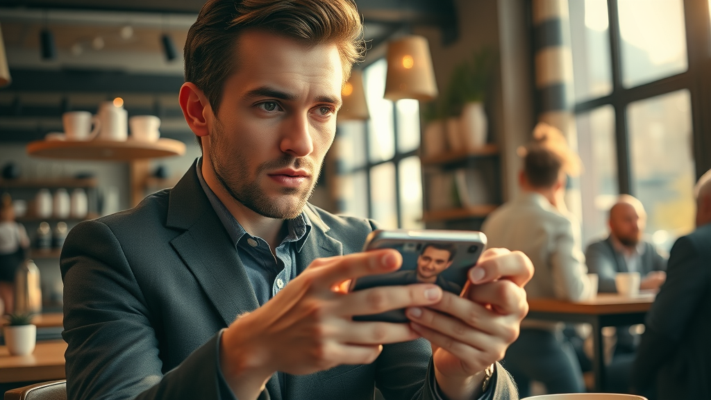 modern professional watching Talk Fusion video email on a smartphone in a café, ambient coffee shop scene