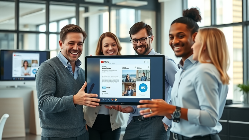 Professional team collaborates using Talk Fusion app video email tools in a modern office, enhancing workflow through digital communication.