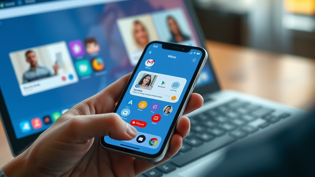 Talk Fusion app interface showcasing colorful icons for video email, conferencing, and collaboration tools on a smartphone and laptop in a modern workspace.
