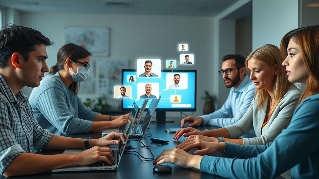 Remote team collaborating with laptops using Talk Fusion app video email platform in a high-fantasy digital workspace enhanced by animated message bubbles and digital avatars.