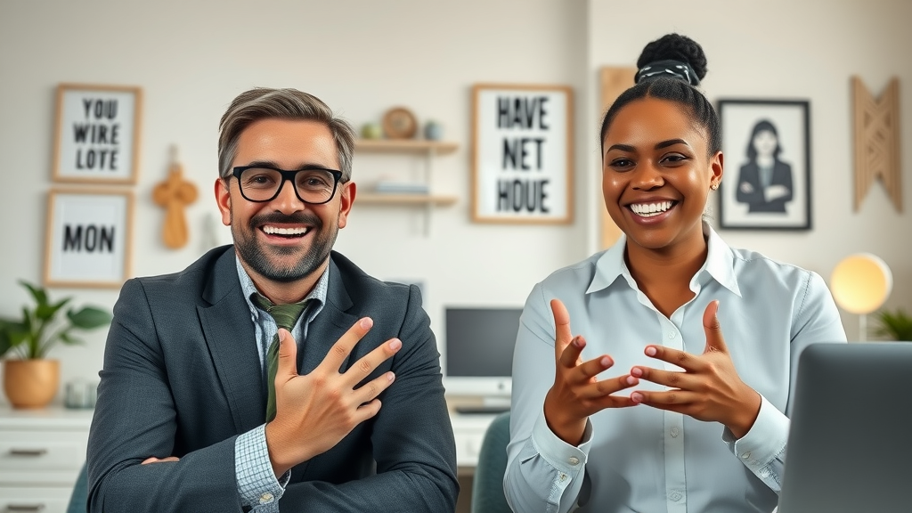 Authentic business professionals share positive testimonials on a video call about using the Talk Fusion app, highlighted by sincere gestures and modern home office backgrounds.