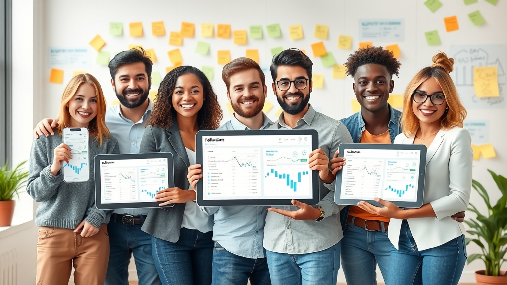 Diverse modern team shows enthusiasm while using Talk Fusion app dashboards on digital devices, illustrating improved workflow and communication in a creative office setting.