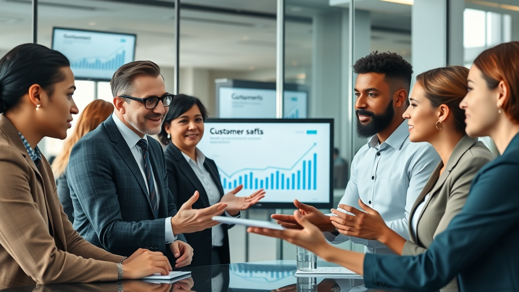 compelling business meeting discussing customer support metrics, Talk Fusion customer support, photorealistic business professionals, modern office collaboration, natural daylight