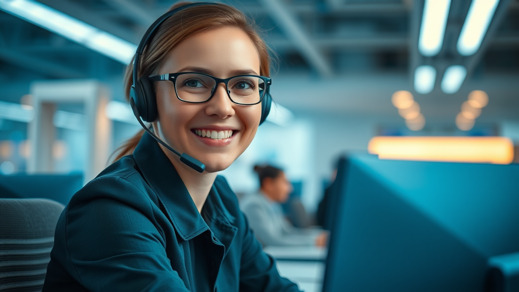 focused customer service agent, headset, Talk Fusion, fast-paced tech support office, customer support tips for video email