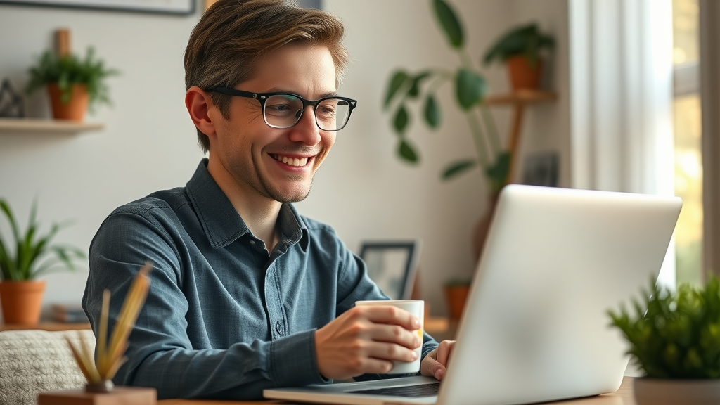 happy small business owner checking laptop, relieved after solving Talk Fusion video email issue, customer experience success