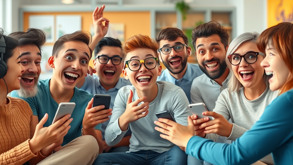 diverse group of users with Talk Fusion customer support, multiple devices, collaborative digital environment, animated scene