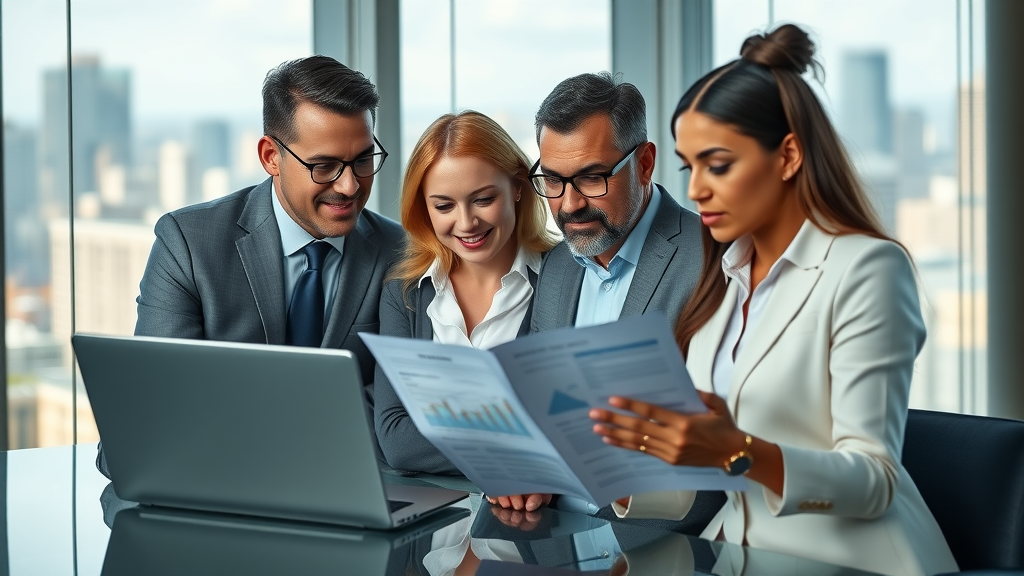 lev.ai team of diverse real estate professionals collaborating, using digital reports in conference room with city skyline