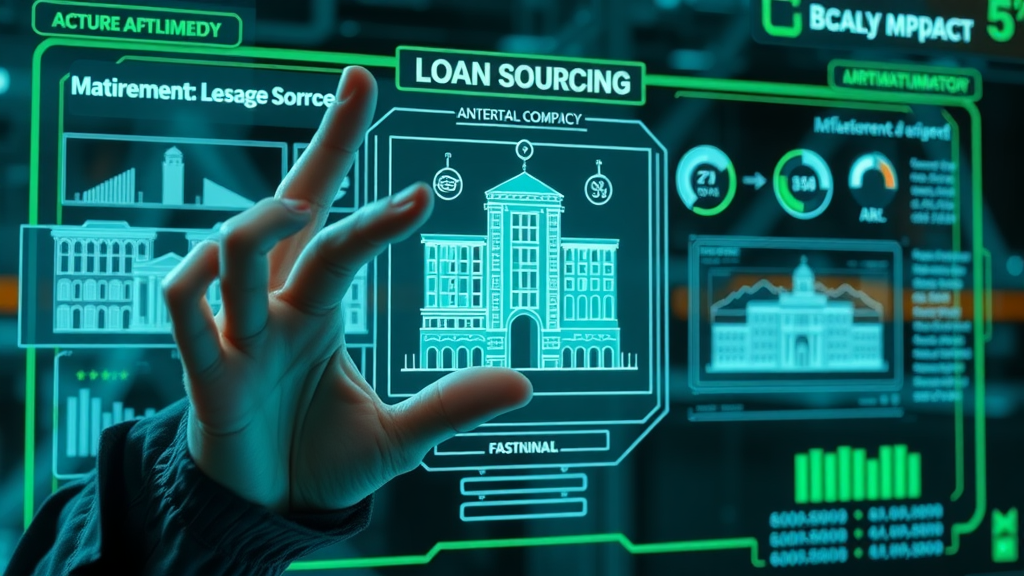 lev.ai automated loan sourcing and underwriting, futuristic interface with commercial building and AI analytics overlay
