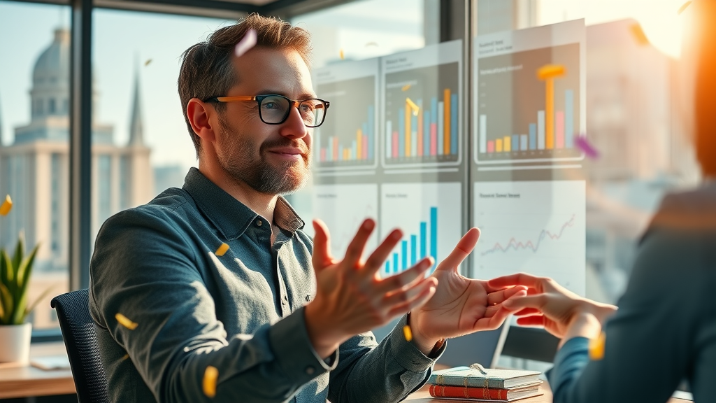 lev.ai happy commercial property investor reviewing success metrics on digital dashboard with real estate properties in background