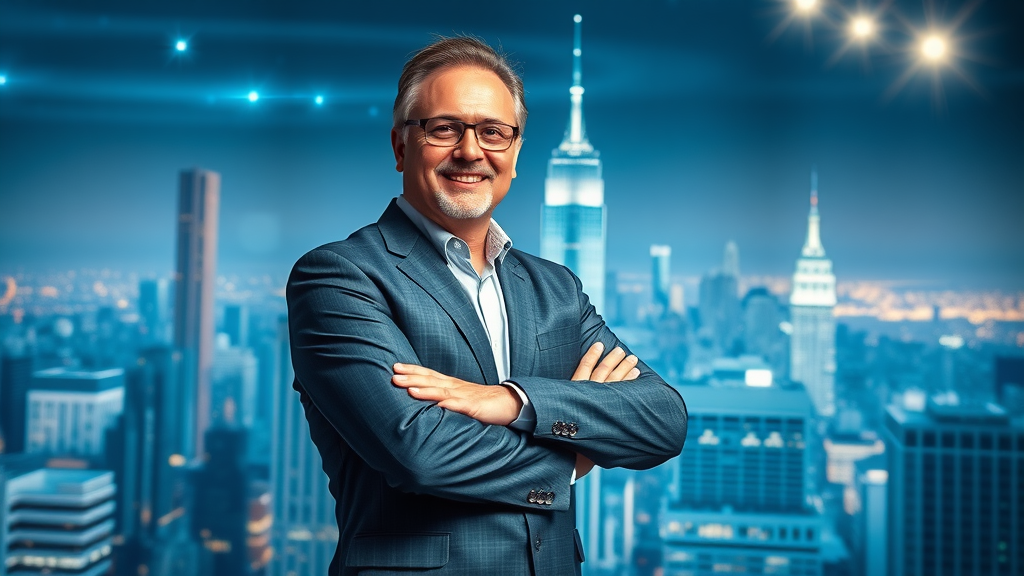 lev.ai visionary real estate professional standing before a digital skyline projection, future-focused technology scene