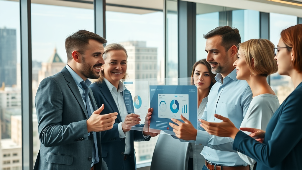 Business professionals using lev.ai platform in a modern office for real estate pipeline management