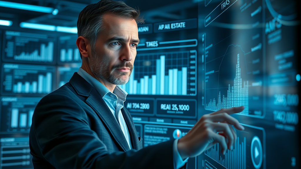 Real estate professional analyzing an innovative AI-driven lev.ai pipeline interface in a high-tech workspace
