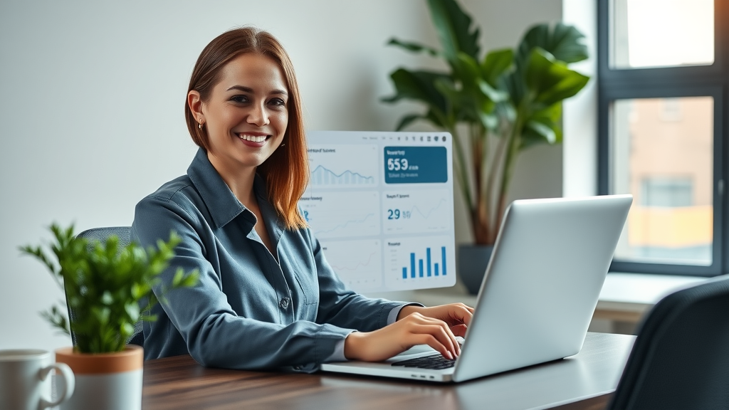 Professional woman using sleek lev.ai dashboard to monitor real estate transactions at a modern office desk