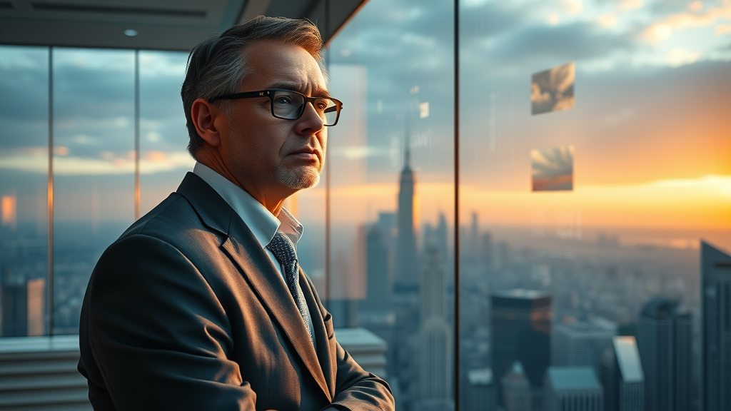 Business leader envisioning the digital future of real estate through a glass office window