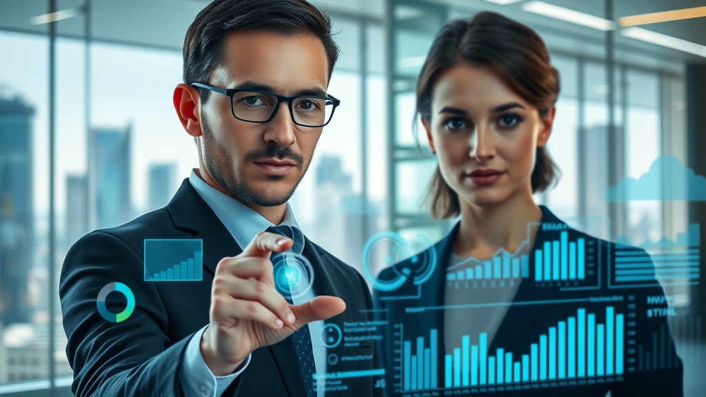 Infographic of lev.ai features transforming commercial real estate workflows with business professionals interacting with digital interfaces, animated data charts and cityscape in background