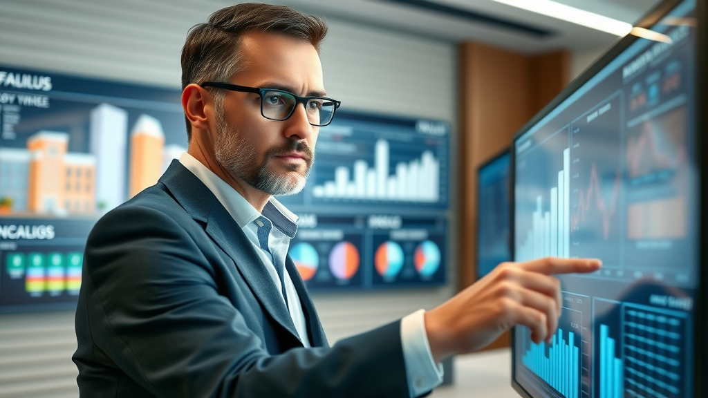 Professional real estate analyst reviewing digital property data on a large interactive screen with digital displays and glowing data points