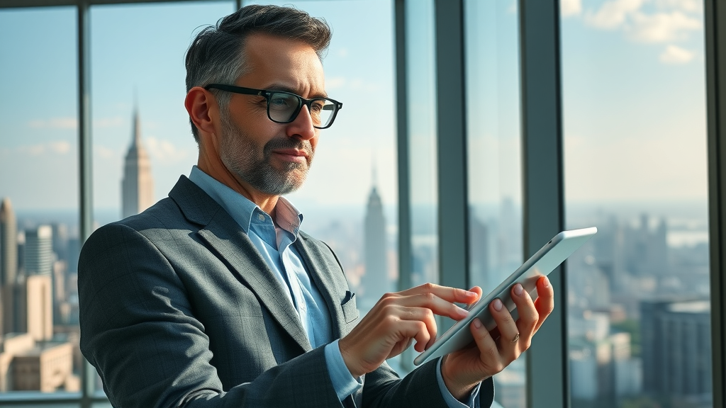 Visionary real estate investor analyzing AI-generated deal pipelines on a tablet with panoramic city skyline