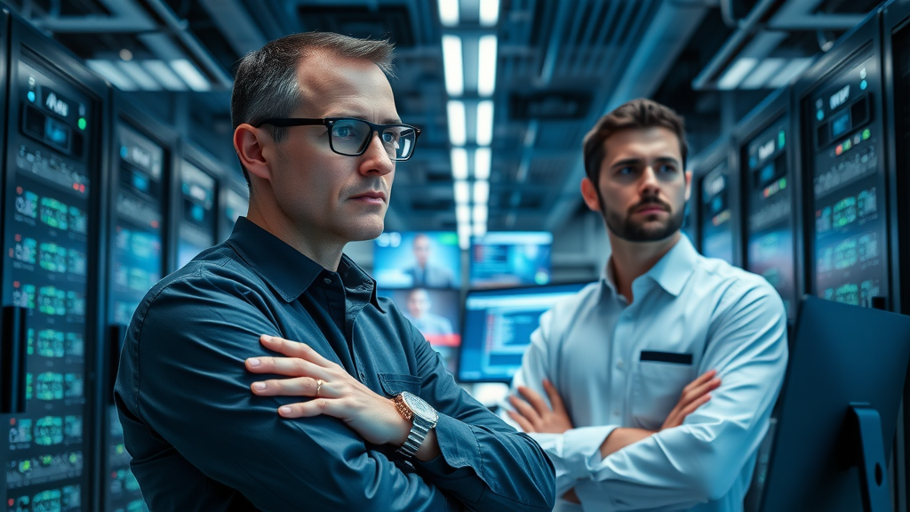 Modern data center with IT specialists monitoring AI servers and overseeing infrastructure security