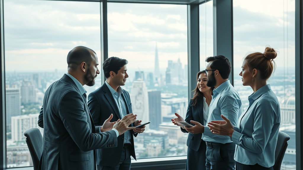 futuristic corporate office professionals discussing AI adoption collaborative atmosphere dynamic teamwork high rise office lev.ai review AI integration