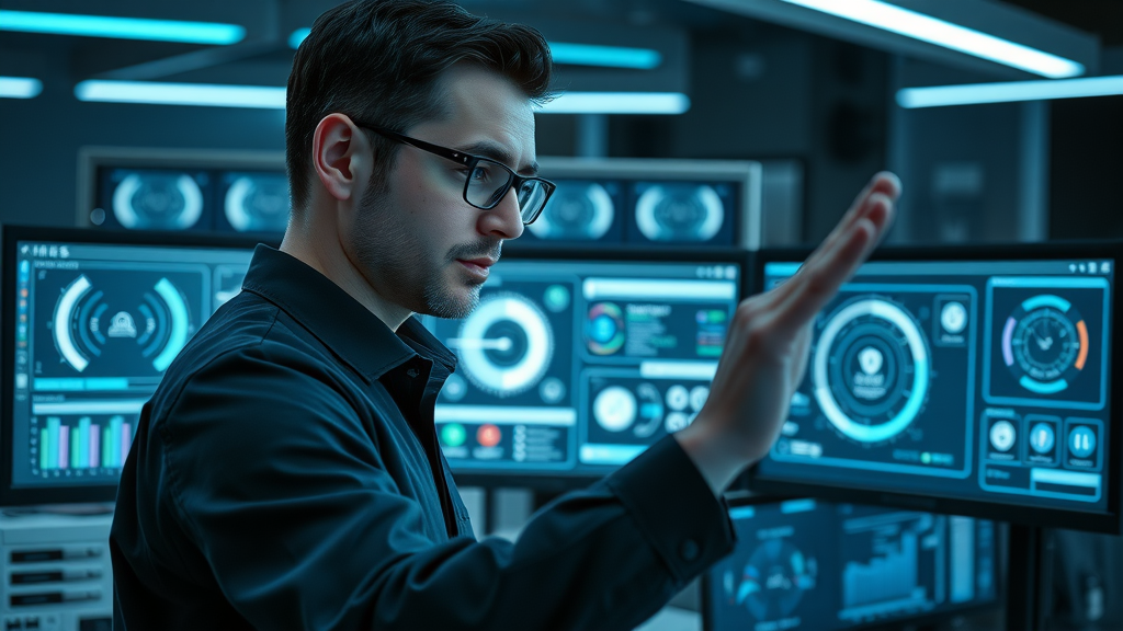 sleek AI dashboard interface user exploring advanced features lev.ai review digital panels workplace modern monitors UI
