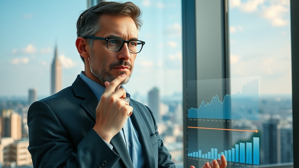 Inspired real estate professional using lev.ai AI tools to predict commercial real estate market trends with holographic charts