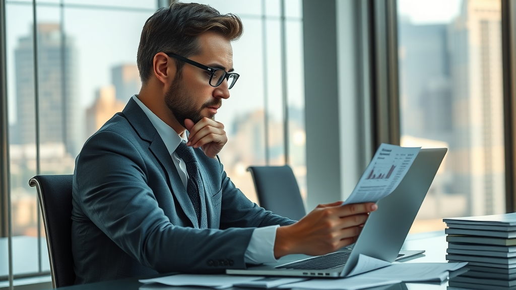 lev.ai pricing - thoughtful business professional analyzes pricing plans on laptop in modern glass office with city view, scattered paperwork, natural daylight