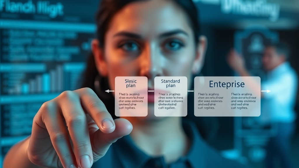 lev.ai pricing infographic, tiered pricing plan icons basic, standard, and enterprise, digital timeline style, blue and white highlights, crisp and modern
