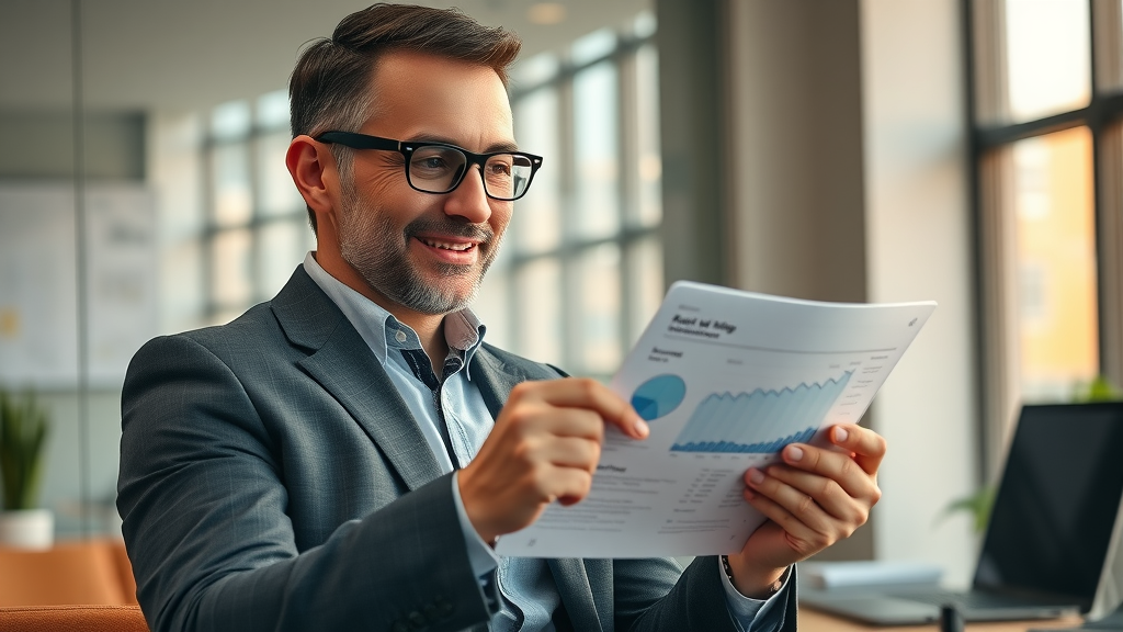 lev.ai pricing analysis - business leader reviewing cost-benefit charts on digital tablet in modern workspace, subtle branding, confident, evening light