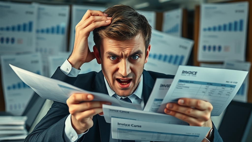 lev.ai pricing stress - businessperson surrounded by invoices and pricing charts, frustrated, busy office, expressive body language, financial stress