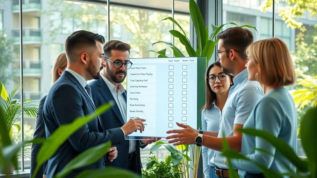 lev.ai pricing checklist - collaborative team reviewing digital checklist on touchscreen display in a modern conference room, greenery, morning light