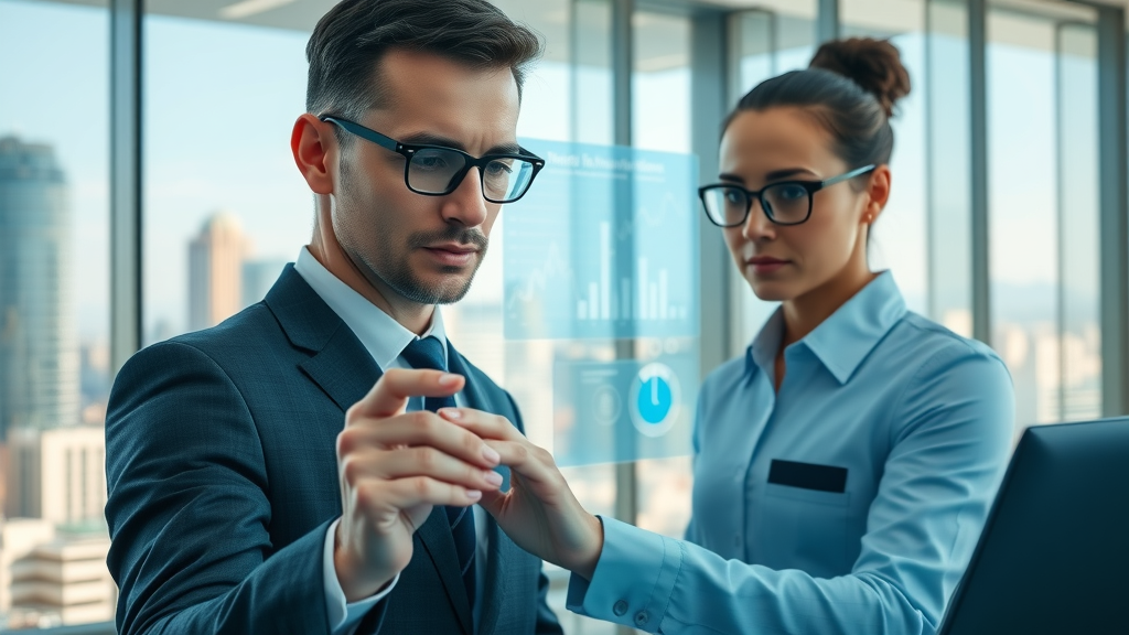 Sleek AI interface for lev.ai use cases with professional users analyzing data on screen in modern office, digital graphs and charts, photorealistic, city view.
