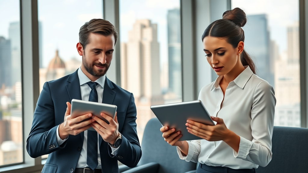 lev.ai use cases for real estate: Confident professionals reviewing property analytics on tablets in modern meeting room, city skyline through windows, photorealistic.
