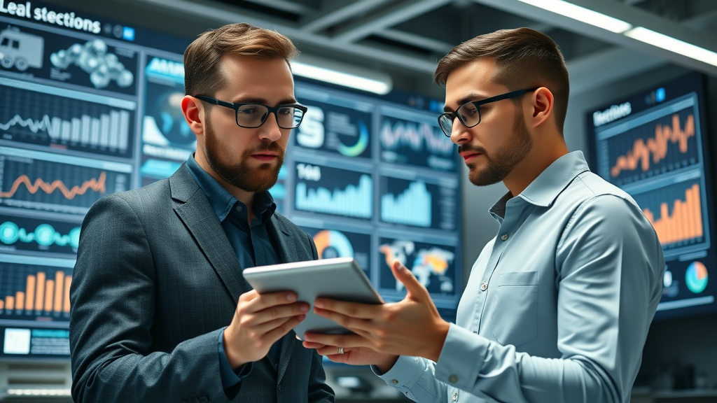 lev.ai use cases in finance and logistics: Modern professionals examining AI-driven dashboards and trend projections in high-tech workspace.