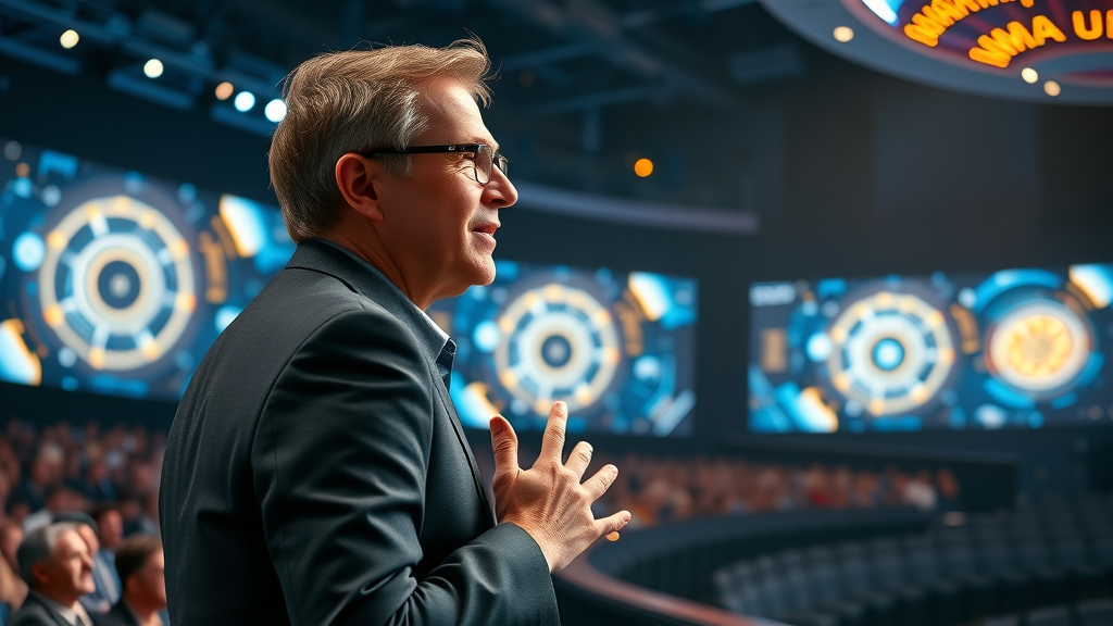 Yaakov Zar, visionary leader of lev.ai, presenting at AI conference on stage, digital screens and AI concepts in high-tech auditorium.